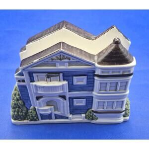 Vintage Otagiri Victorian Blue Row House Ceramic Napkin Letter Holder 7x5x2"